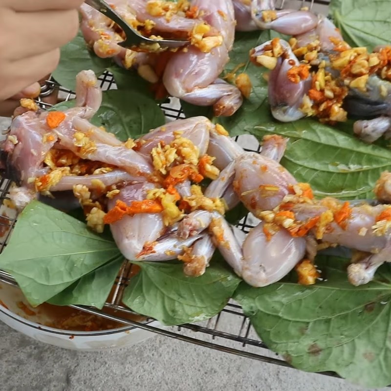Bước 3 Nướng ếch Ếch nướng lá lốt nguyên con