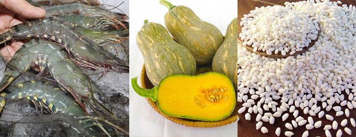 Nguyên liệu món ăn 2 cách nấu cháo tôm bí đỏ và cháo tôm thịt bằm