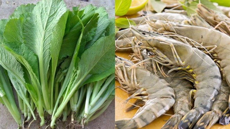 Nguyên liệu món ăn canh cải bẹ xanh nấu tôm tươi, canh cải bẹ xanh nấu tôm khô