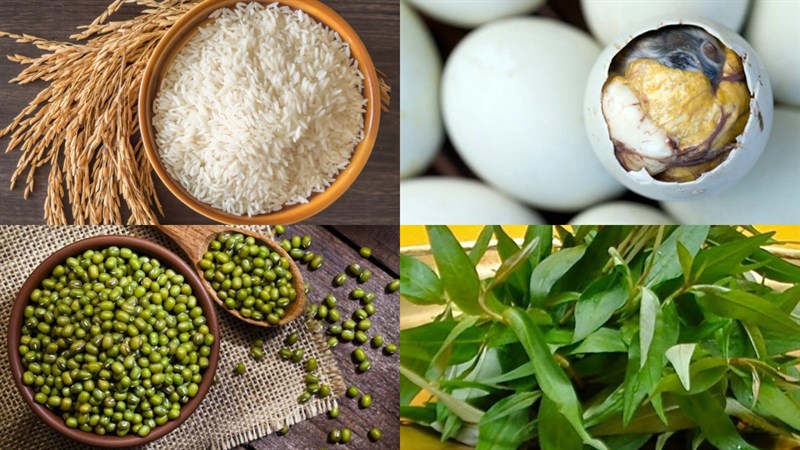 Nguyên liệu món ăn cháo trứng vịt lộn đậu xanh, cháo trứng vịt lộn cải xanh