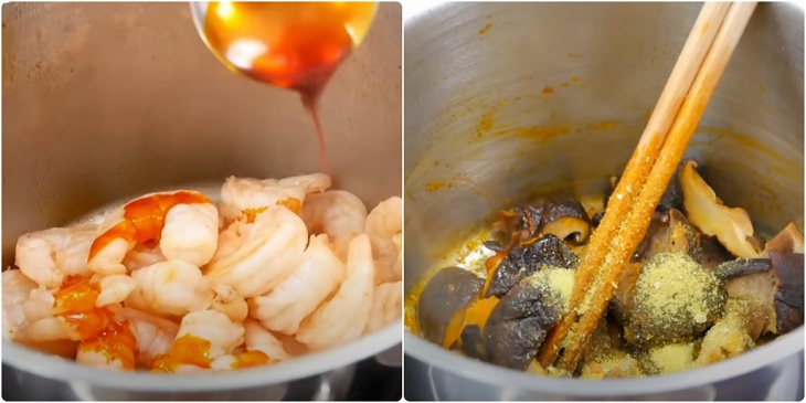 Bước 4 Xào tôm và nấm Bánh canh tôm giả cua