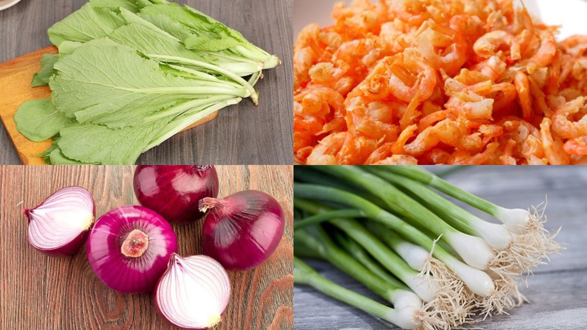 Nguyên liệu món ăn canh cải bẹ xanh nấu tôm tươi, canh cải bẹ xanh nấu tôm khô