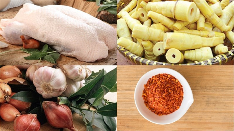 Nguyên liệu món ăn vịt kho tiêu, sả ớt và măng