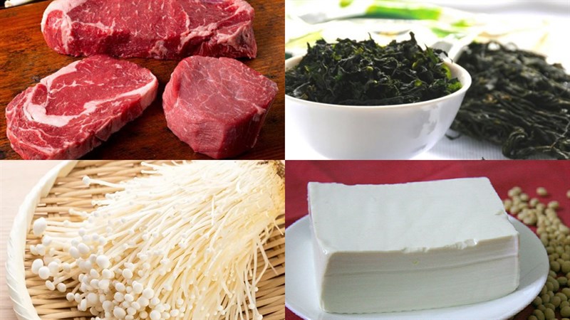 Nguyên liệu món ăn canh rong biển thịt bò đậu hũ nấm kim châm