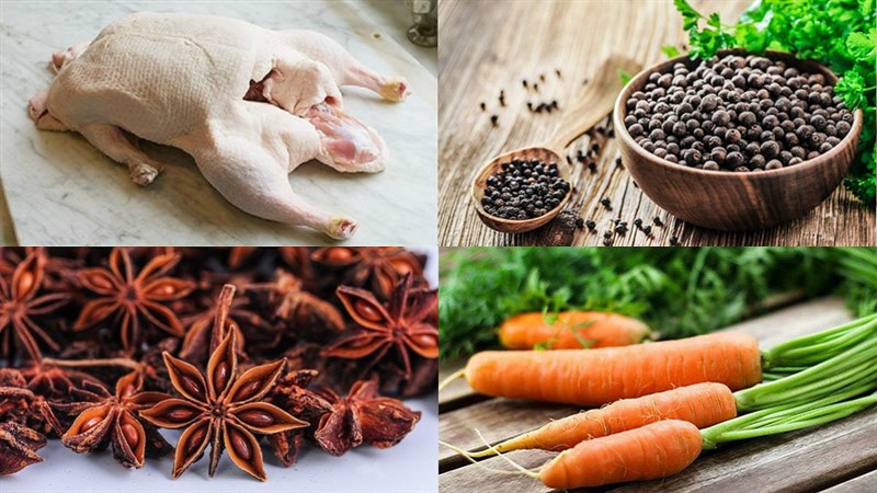 Nguyên liệu món ăn vịt kho tiêu, sả ớt và măng