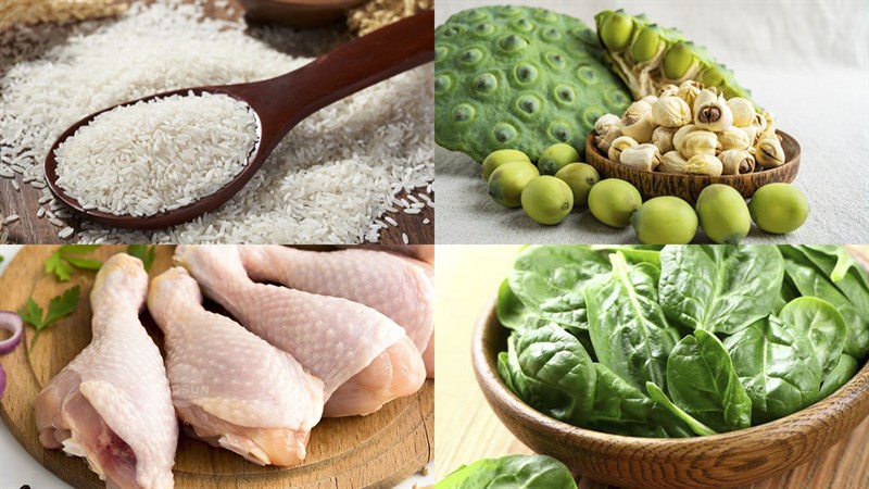 Nguyên liệu món ăn cháo gà hạt sen với rau ngót và rau mồng tơi