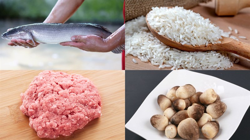 Nguyên liệu món ăn cách nấu cháo cá lóc nấm rơm thịt viên