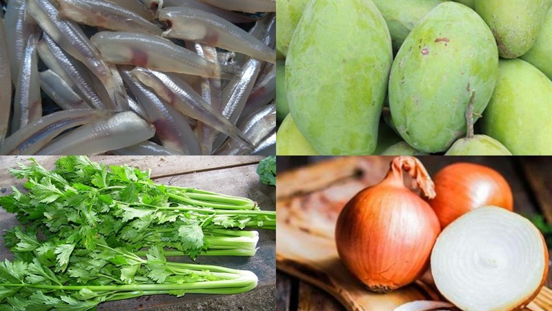 Nguyên liệu món ăn gỏi xoài cá cơm khô, gỏi xoài cá cơm tươi