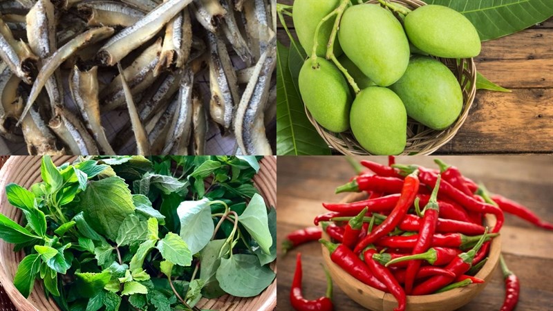 Nguyên liệu món ăn gỏi xoài cá cơm khô, gỏi xoài cá cơm tươi