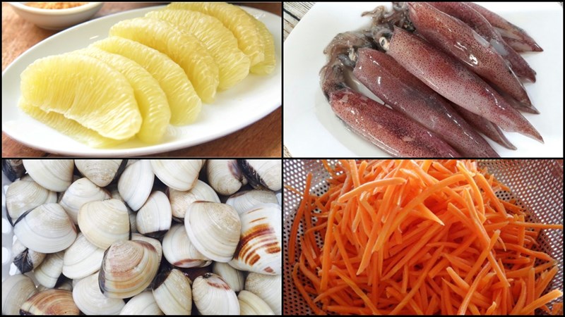 Nguyên liệu món ăn gỏi bưởi hải sản và gỏi bưởi cá hồi