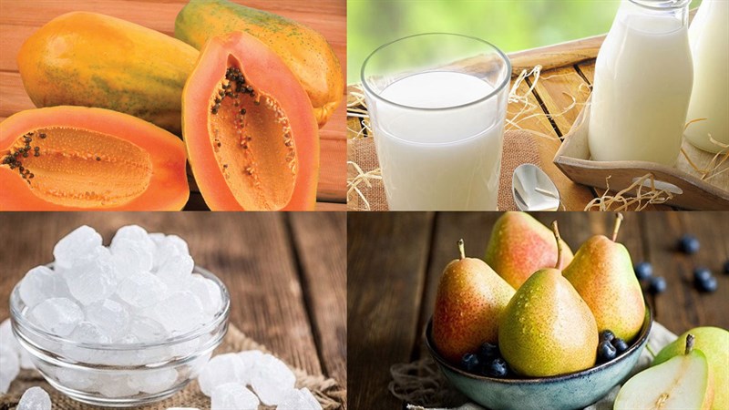 Nguyên liệu món ăn chè đu đủ bột báng cốt dừa và chè đu đủ lê sữa tươi