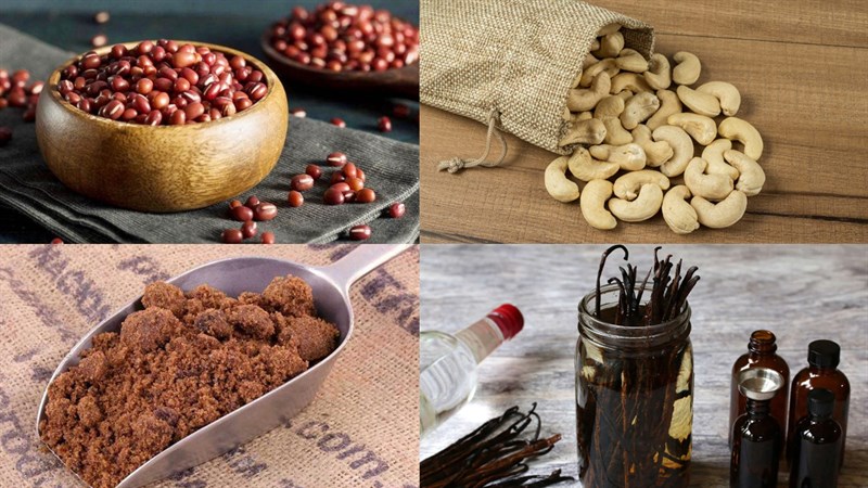 Nguyên liệu món ăn sữa đậu đỏ hạt điều trân châu đường đen