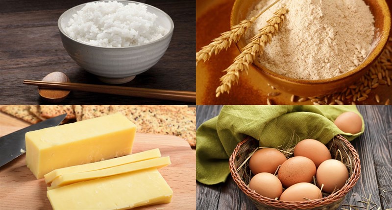 Nguyên liệu món ăn 3 cách làm cơm nguội chiên bọc trứng cút, xúc xích và phô mai