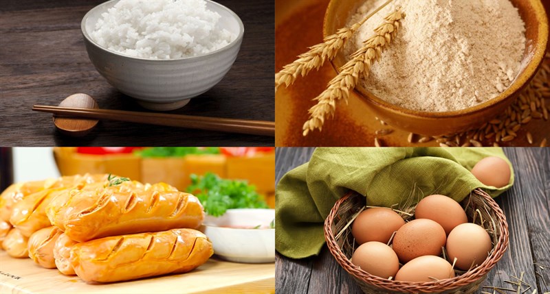 Nguyên liệu món ăn 3 cách làm cơm nguội chiên bọc trứng cút, xúc xích và phô mai