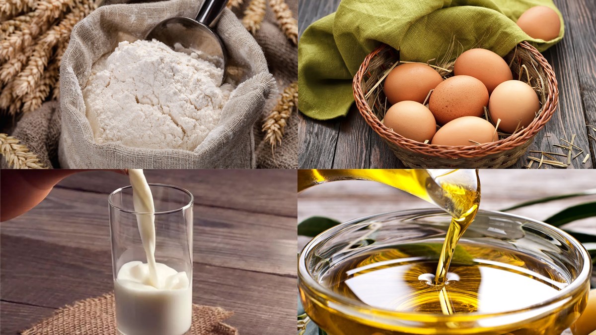 Nguyên liệu món ăn bánh bông lan bằng máy xay sinh tố và xửng hấp, bánh bông lan bằng máy xay sinh tố và nồi cơm điện