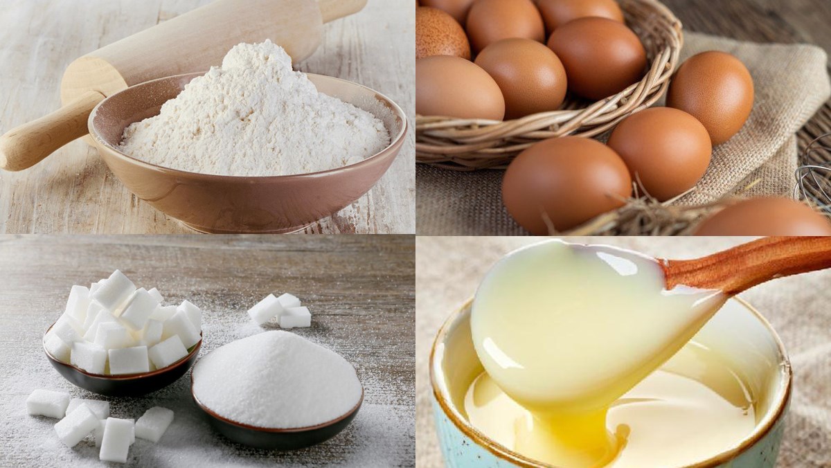 Nguyên liệu món ăn bánh bông lan bằng máy xay sinh tố và xửng hấp, bánh bông lan bằng máy xay sinh tố và nồi cơm điện