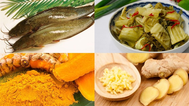 Nguyên liệu món ăn cá trê kho dưa chua và rau răm