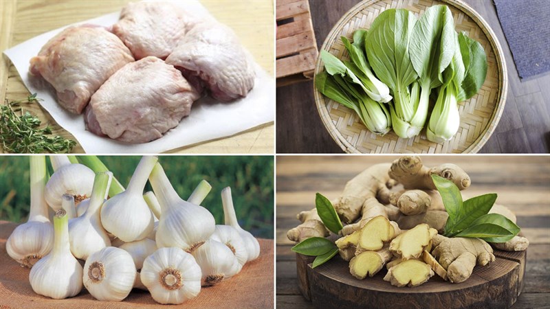 Nguyên liệu món ăn gà hấp cải thìa và gà hấp tỏi
