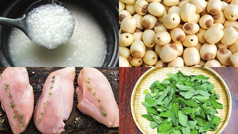 Nguyên liệu món ăn cháo gà hạt sen với rau ngót và rau mồng tơi