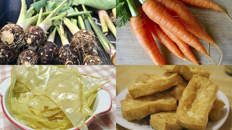 Nguyên liệu món ăn bì cuốn chay từ tàu hũ ky và củ cải muối