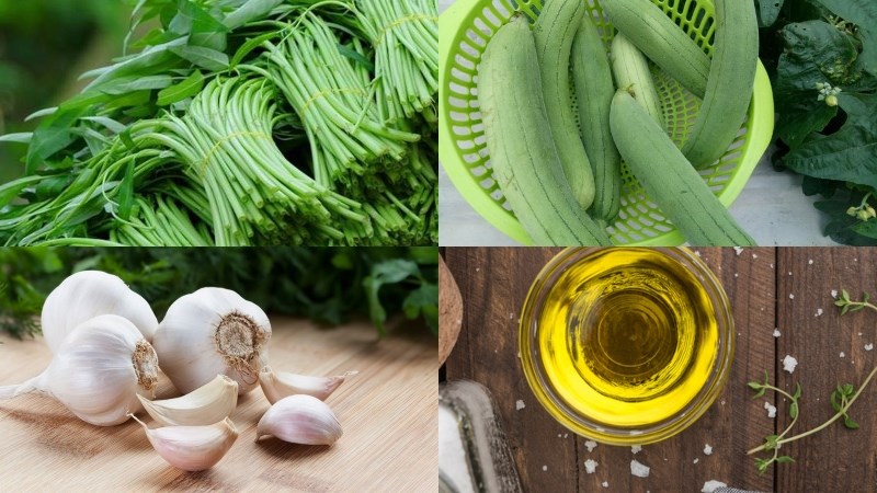 Nguyên liệu món ăn rau muống xào mướp hương