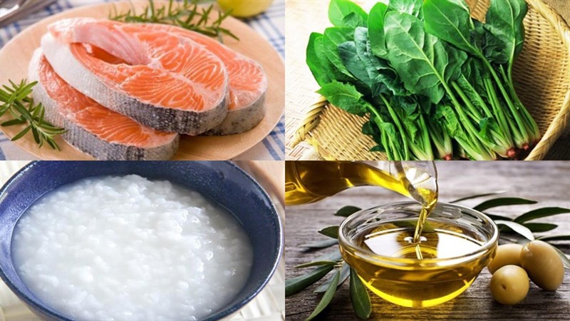 Nguyên liệu món ăn cháo cá hồi rau cải bó xôi