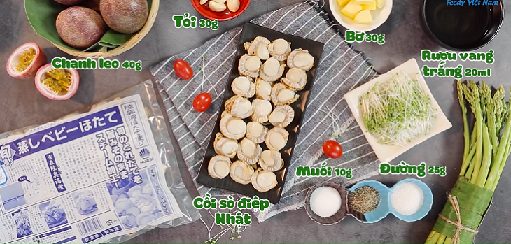 Nguyên liệu món ăn cồi sò điệp sốt bơ tỏi và sốt chanh dây