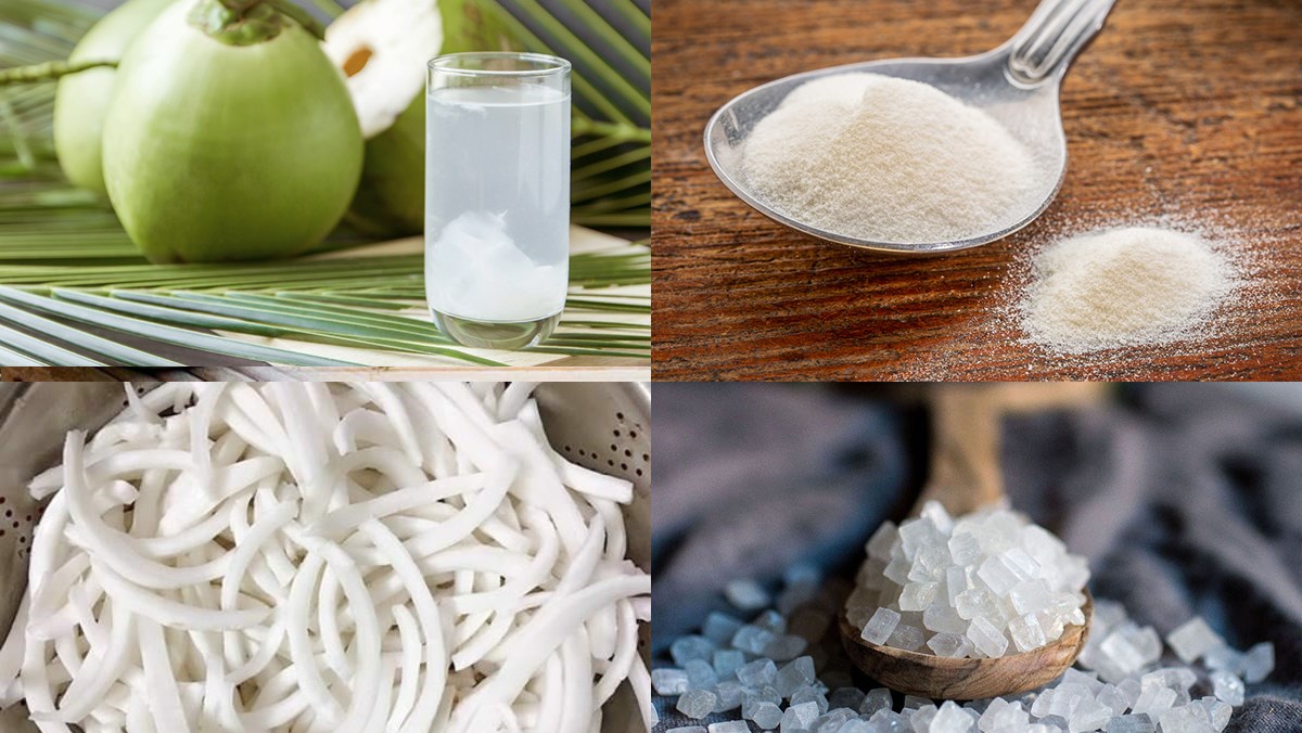 Nguyên liệu món ăn rau câu dừa sợi, rau câu dừa sợi nước cốt dừa, rau câu dừa sợi nước cốt dừa lá dứa