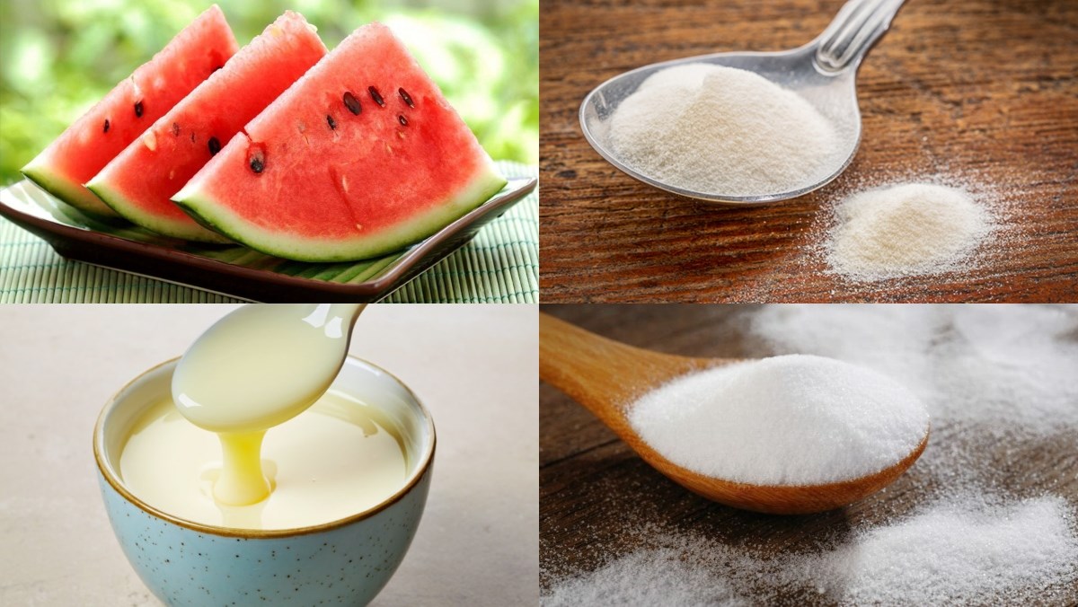 Nguyên liệu món ăn thạch rau câu dưa hấu, rau câu dưa hấu sữa, râu câu dưa hấu phô mai