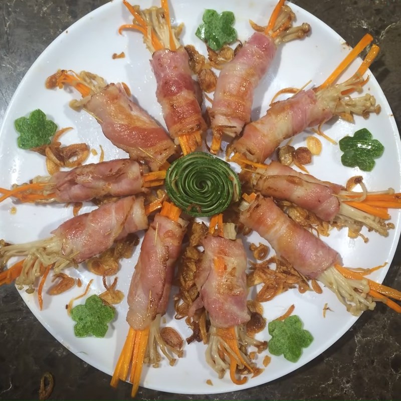 Bước 4 Thành phẩm Thịt xông khói cuộn nấm kim châm