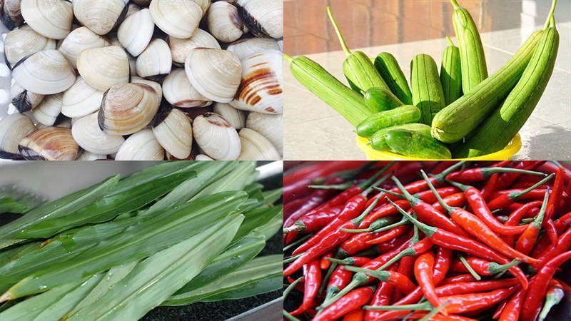Nguyên liệu món ăn canh nghêu rau muống và nấu mướp