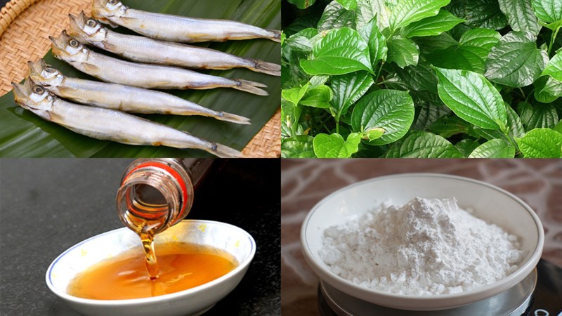 Nguyên liệu món ăn cá trứng chiên mè, trứng muối, nước mắm, lá lốt
