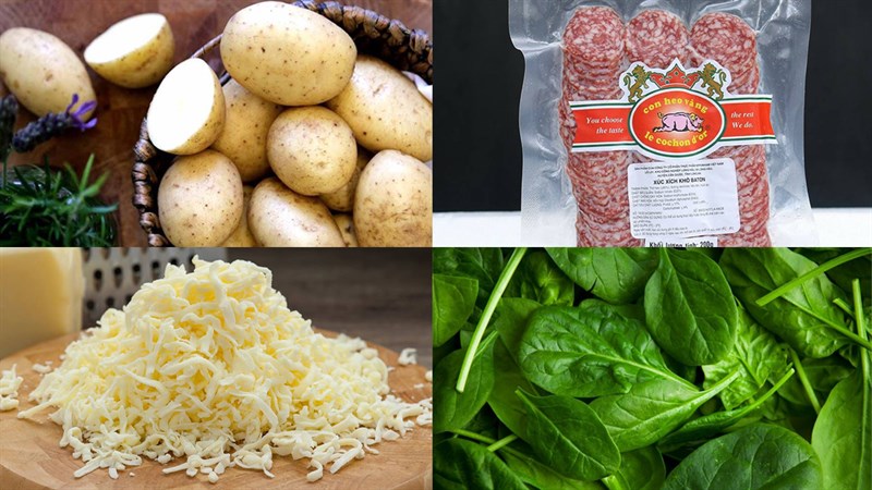 Nguyên liệu món ăn khoai tây cuộn thịt bò bằm và xúc xích