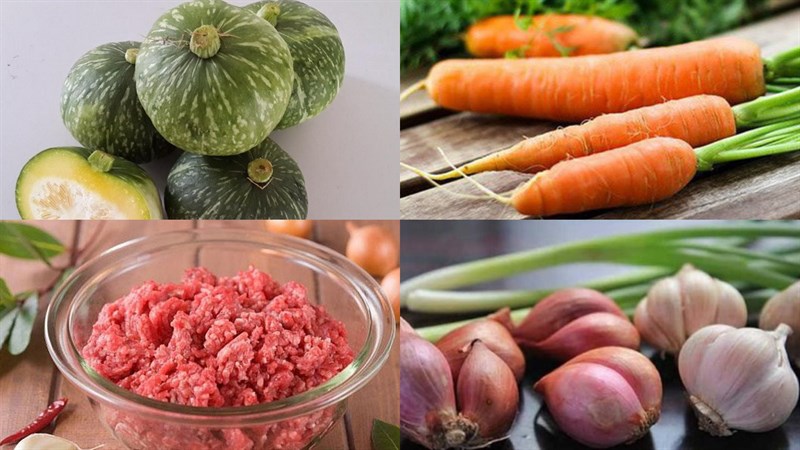 Nguyên liệu món ăn bí đỏ hấp trứng, thịt, hải sản và hạt sen