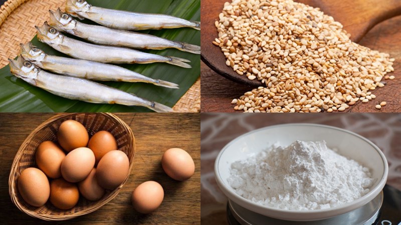 Nguyên liệu món ăn cá trứng chiên mè, trứng muối, nước mắm, lá lốt