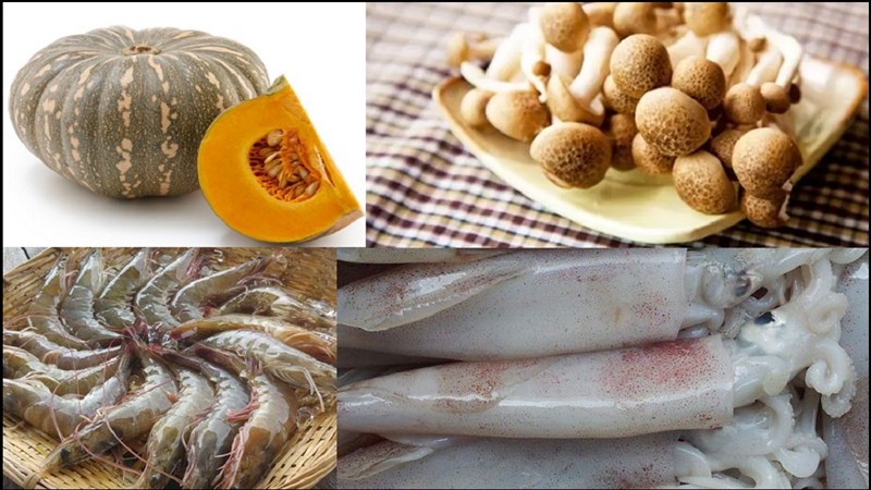 Nguyên liệu món ăn bí đỏ hấp trứng, thịt, hải sản và hạt sen