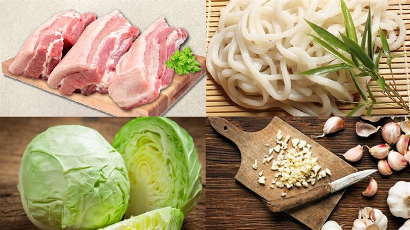 Nguyên liệu món ăn mì udon xào hải sản và thịt heo