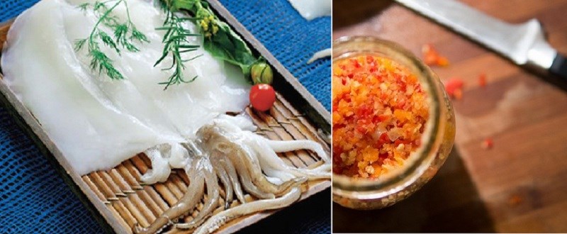 Nguyên liệu món ăn mực nướng với sa tế, muối ớt