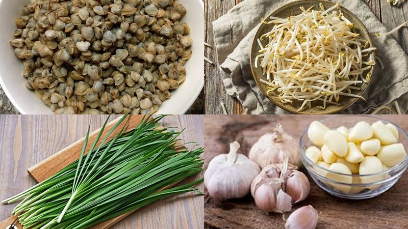 Nguyên liệu món ăn hến xào giá hẹ và xào mướp