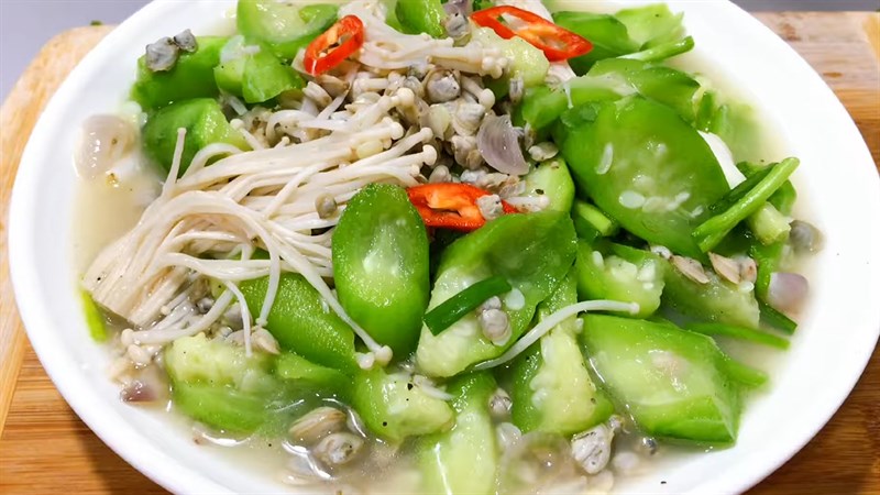 Nguyên liệu món ăn hến xào giá hẹ và xào mướp