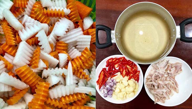 Bước 2 Làm nước ngâm và cắt nguyên liệu Tai heo ngâm cải chua ngọt