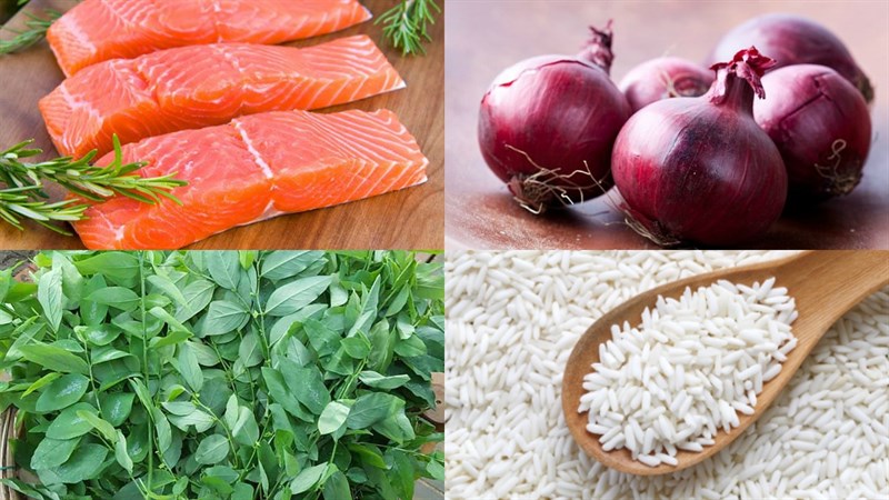 Nguyên liệu món ăn 2 cách nấu cháo cá hồi măng tây và rau ngót