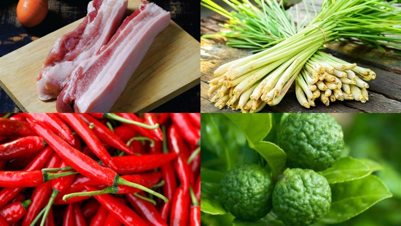 Nguyên liệu món ăn thịt ba chỉ rim chanh sả và rim sả ớt