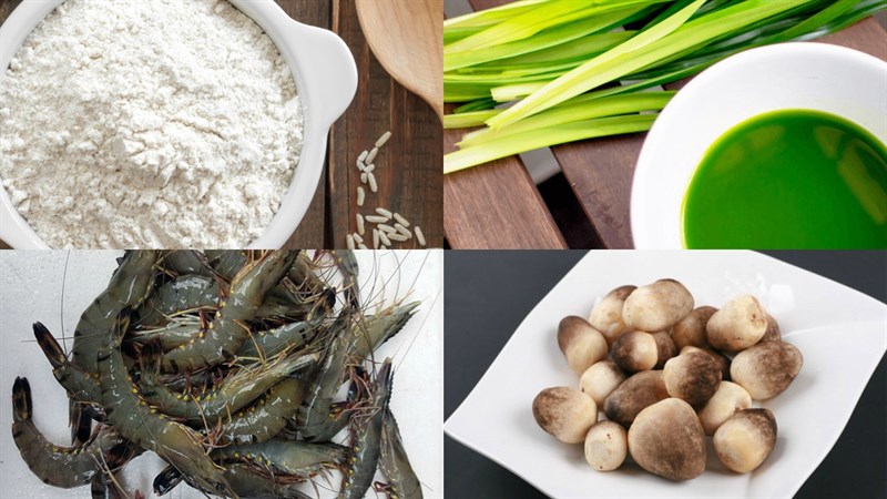 Nguyên liệu món ăn bánh cuốn lá dứa nhân tôm nấm