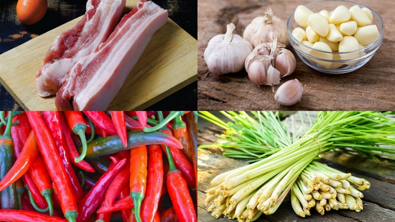 Nguyên liệu món ăn thịt ba chỉ rim chanh sả và rim sả ớt