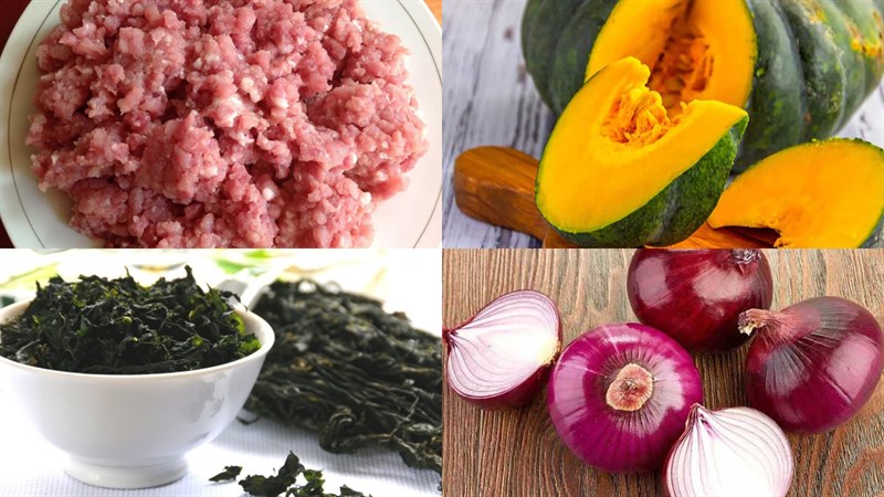Nguyên liệu món ăn canh bí đỏ thịt bằm và rong biển