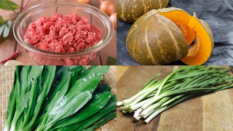 Nguyên liệu món ăn canh bí đỏ thịt bằm và rong biển