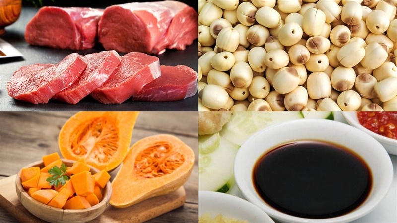 Nguyên liệu món ăn thịt bò hầm bí đỏ, thịt bò hầm bí đỏ hạt sen