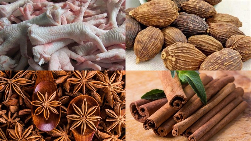 Nguyên liệu món ăn chân gà luộc thảo quả, chân gà luộc gừng