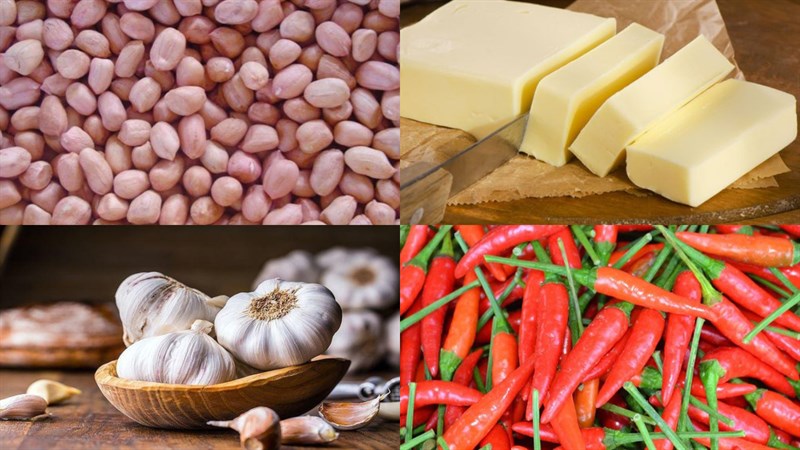 Nguyên liệu món ăn lạc rang húng lìu, lạc rang ngũ vị, lạc rang bơ tỏi